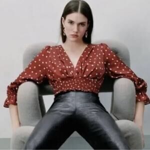 Zara polka dot v-neck balloon sleeve cropped blouse